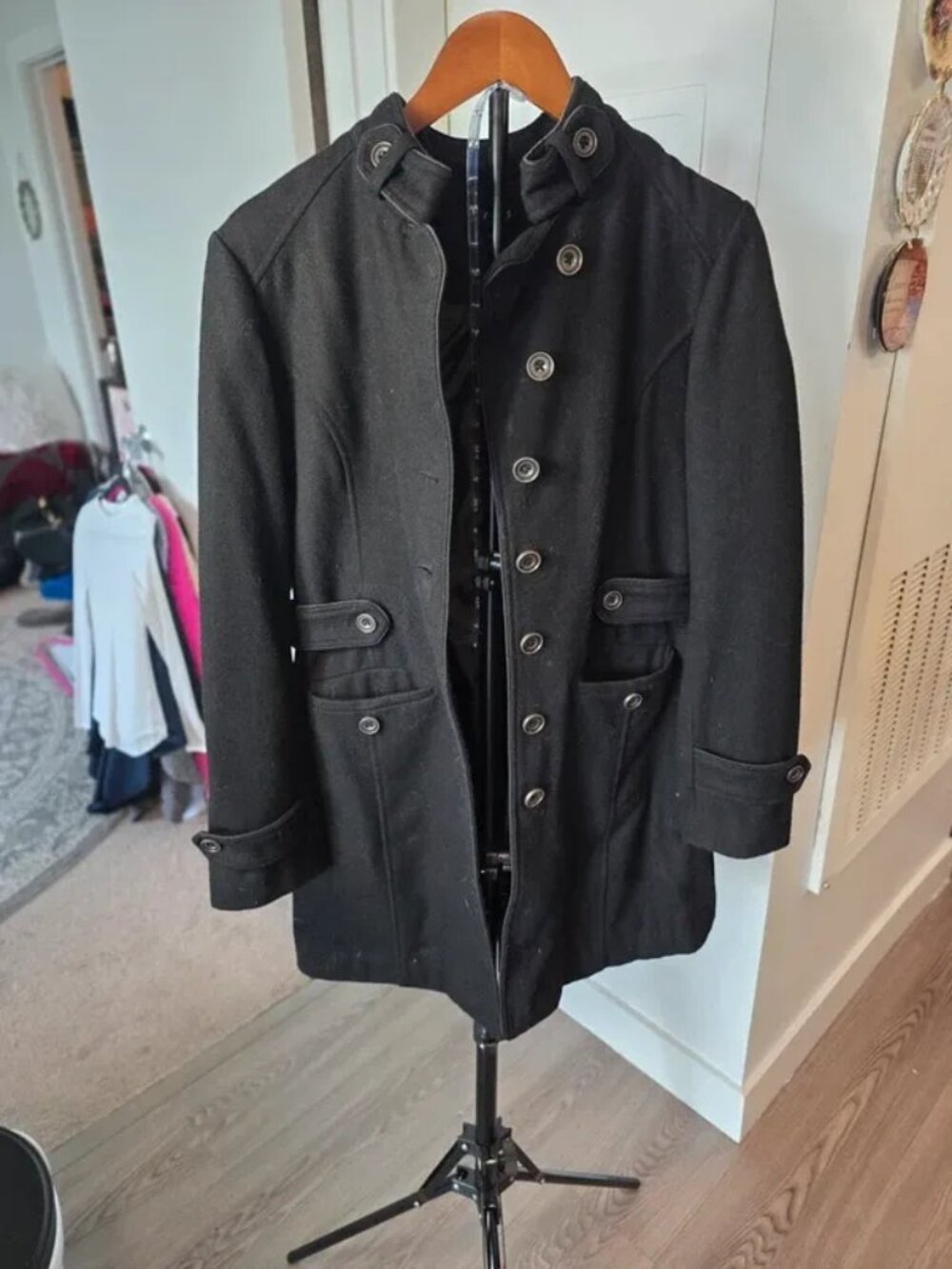 Apt 9. Wool blend military-style coat, black with decorative buttons and hood